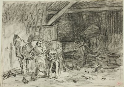 Interieur van een smederij (recto); Man voorovergebogen, gezien vanaf Read (verso) door Charles Emile Jacque
