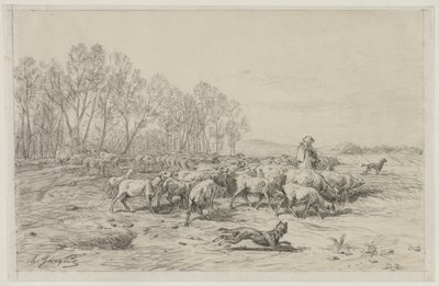 Landschap met een kudde schapen, 1800s door Charles Emile Jacque