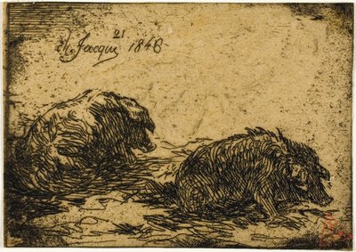 Twee Varkens Liggend door Charles Emile Jacque