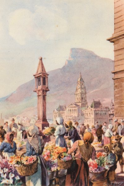 Zuid-Afrika: Bloemenverkopers, Kaapstad door Charles Ernest Peers