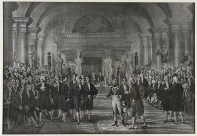 Ontvangst van Napoleon Bonaparte bij het Instituut, klasse natuurkunde en wiskunde, sectie mechanische kunsten op 25 december door Charles Etienne Pierre Motte