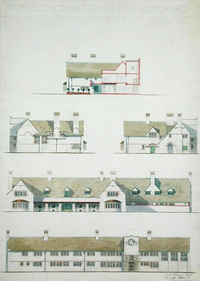 Voorgesteld huis in Higham Woodford, Essex voor Lady Henry Somerset door Charles Francis Annesley Voysey