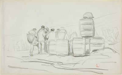 Studie van een groep mensen met vaten (recto); twee studies van een sprokkelende vrouw (verso) door Charles Francois Daubigny