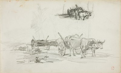 Twee schetsen van ossen die een boomstam trekken door Charles Francois Daubigny