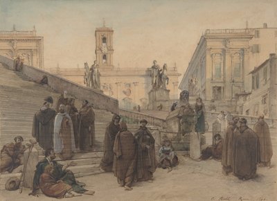 Het Campidoglio gezien vanaf de trap van de kerk van de Aracoeli, Rome, bij zonsondergang door Charles Francois Houel