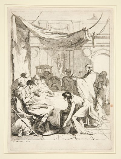 De hongerigen voeden, uit de serie Sept Oeuvres de Misericorde door Charles Francois Hutin