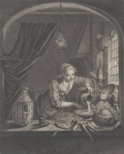 Melkmeisje naar het schilderij van G. Dou in de kast van de heer Poullain, midden 17e eeuw door Charles François Adrien Macret