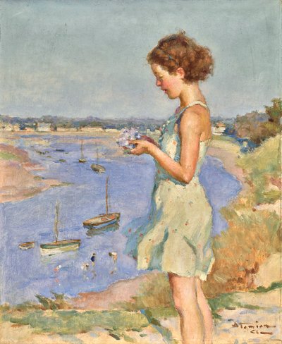 Jong meisje met blauwe hortensia, Saint-Gilles-Croix-de-Vie door Charles Garabed Atamian