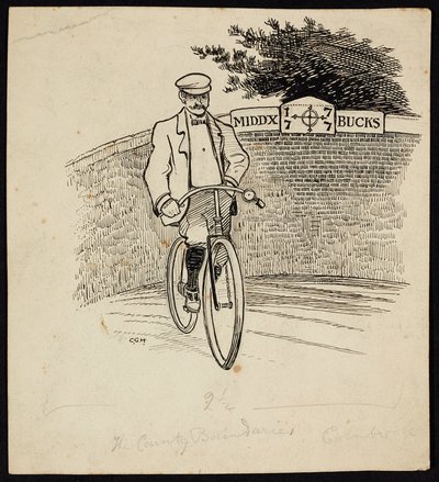 Een man op een fiets voor een bord dat de provinciegrens tussen Middlesex en Buckinghamshire markeert door Charles George Harper