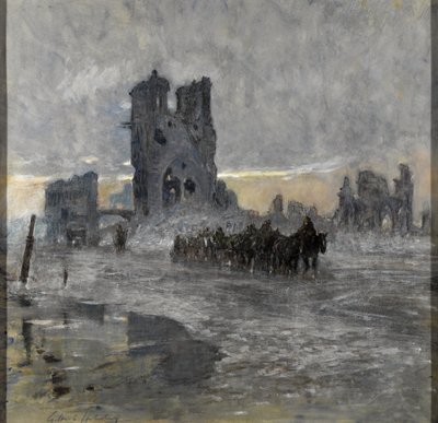 Paardentransporten, mogelijk een artillerietrein, die de verwoeste Lakenhal passeren, Ieper door Charles Gilbert Holiday