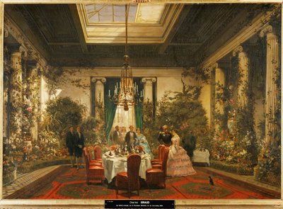 De eetkamer van prinses Mathilde, dochter van koning Hiëronymus, broer van Napoleon I ... (olieverf op doek) door Charles Giraud