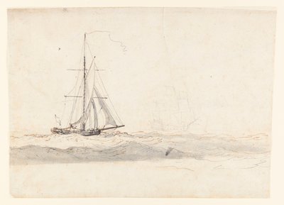 Een cutter voor de wind met een schip in de verte door Charles Gore
