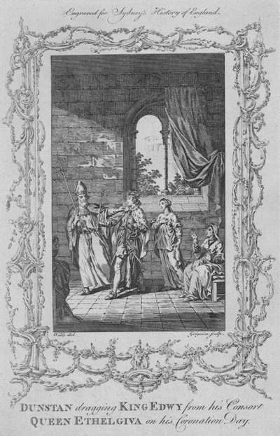 Dunstan sleept koning Edwy weg van zijn gemalin koningin Ethelgiva op zijn kroningsdag, 1773 door Charles Grignion