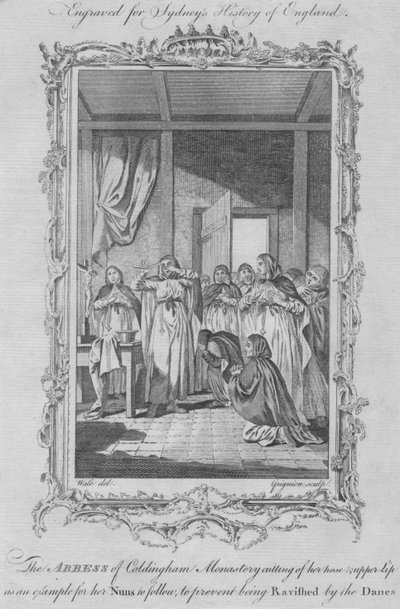 De abdis van het klooster van Coldingham die zichzelf verminkt om verkrachting door Viking-invallers te voorkomen, 1773 door Charles Grignion