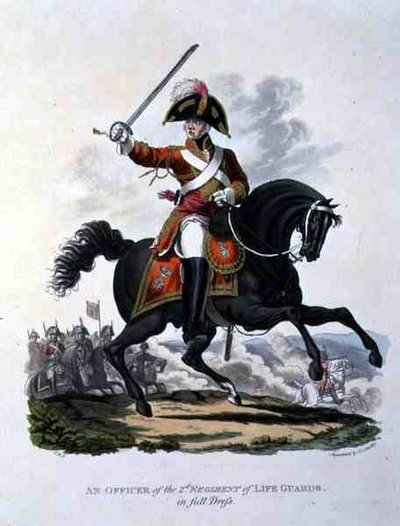 Een officier van het 2e regiment van de Life Guards in vol ornaat, gegraveerd door Joseph Constantine Stadler door Charles Hamilton (after) Smith
