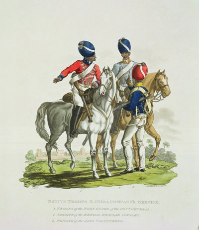 Inheemse troepen in dienst van de Oost-Indische Compagnie: een ruiter van de lijfwacht van de gouverneur-generaal, een soldaat van de Bengalese reguliere cavalerie en een soldaat van de Java Vrijwillige door Charles Hamilton Smith