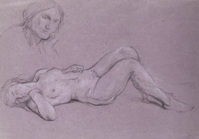 Studie van een liggende naakte vrouwelijke figuur, met een studie van een vrouwshoofd rustend op haar hand door Charles Haslewood Shannon