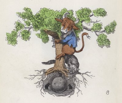 Koe in een boom boven een kat die muizen jaagt die kaas eten door Charles Henry (after) Bennett