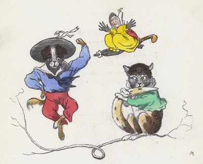 Dame Trottypeg en haar huisdier kat en hond door Charles Henry (after) Bennett