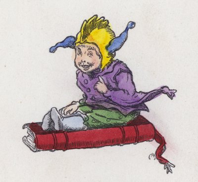 Figuur zittend op een boek en met een narrenmuts door Charles Henry (after) Bennett