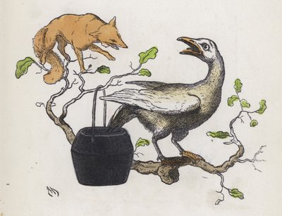 Vos en een gans met zijn staart in een pot lijm (gekleurde gravure) door Charles Henry (after) Bennett