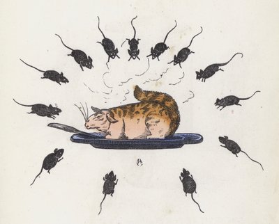 Vraatzuchtige kat op een bord omringd door hongerige muizen door Charles Henry (after) Bennett