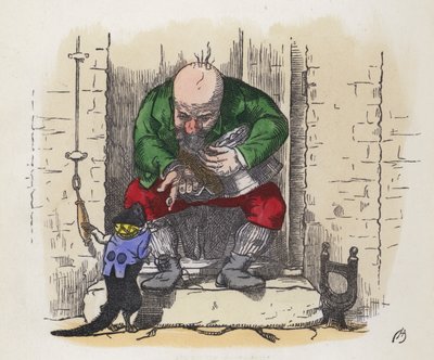 Kleine zwarte kat die aanbelt bij een man (gekleurde gravure) door Charles Henry (after) Bennett