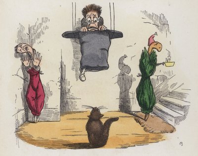 Man hangend aan het plafond in zijn hoed omdat hij bang is voor een kat door Charles Henry (after) Bennett