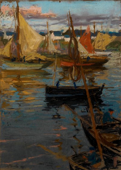Een avondgloed met een rozenpad in de schaduw (boten Concarneau) door Charles Henry Fromuth