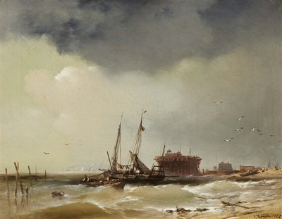 Vissersboten landen op een strand door Charles Hoguet