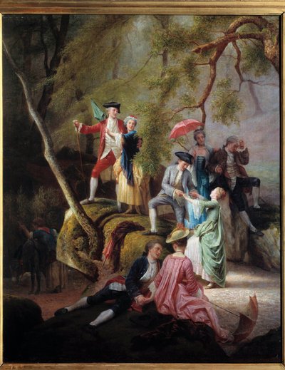 Landelijk vermaak Galante scène tijdens een wandeling van edelen. Schilderij door Charles Gustave Housez (1822-1880) 19e eeuw. Privécollectie door Charles Housez