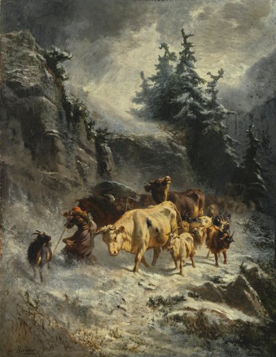 Frans: Troupeau dans une tempête de neige Kudde in een sneeuwstorm door Charles Humbert