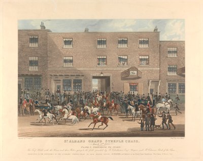 Steeple-chasing [set van zes]: St. Albans Grand Steeple Chase. 8 maart 1832. Plaat 1. Voorbereiding om te starten... door Charles Hunt