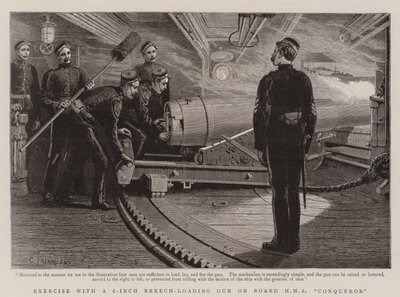 Oefening met een 6-inch achterlaadkanon aan boord van HMS Conqueror door Charles J. Staniland