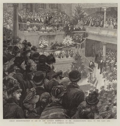 Grote Demonstratie ten Bate van de Londense Ziekenhuizen in de Hal van Mr Charrington, in het Oostelijk Eind door Charles J. Staniland