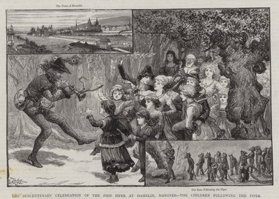 De zesde-eeuwse viering van de rattenvanger van Hamelen, Hannover, de kinderen die de rattenvanger volgen door Charles J. Staniland