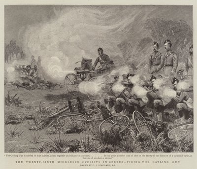 De zesentwintigste Middlesex-fietsers in Zereba, het afvuren van het Gatling-kanon door Charles J. Staniland
