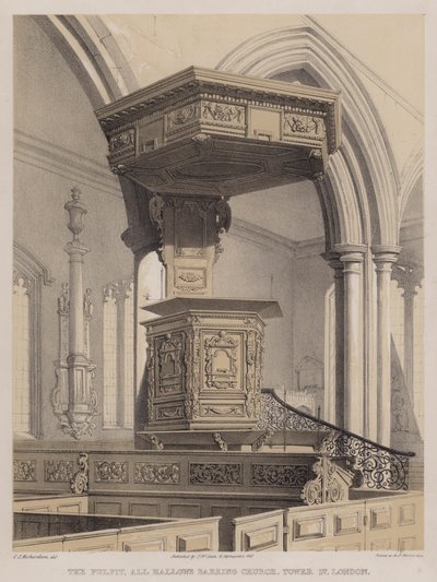 De preekstoel, All Hallows Barking Church, Tower Street, Londen door Charles James Richardson