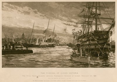 De begrafenis van koningin Victoria. Het koninklijke jacht Alberta, met het lichaam van de koningin, komt de haven van Portsmouth binnen bij zonsondergang door Charles John de (after) Lacy