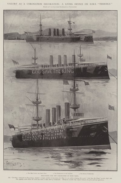 Matrozen als een Kroningsdecoratie, een Levend Apparaat op HMS Terrible door Charles John de Lacy