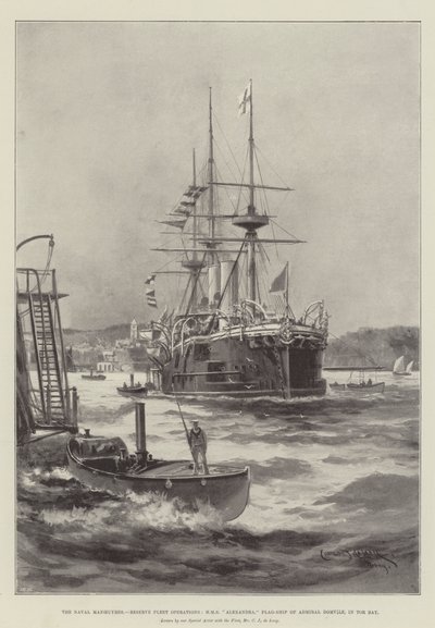 De Marine Manoeuvres, Reserve Vloot Operaties, HMS Alexandra, Vlaggenschip van Admiraal Domvile, in Tor Bay door Charles John de Lacy