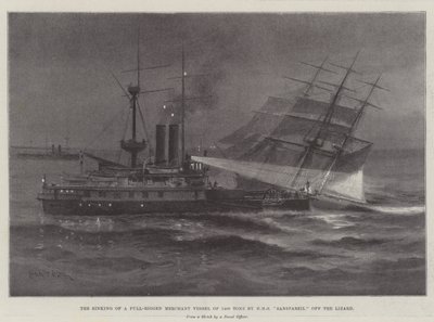 Het Zinken van een Volledig Getuigde Koopvaardijschip van 1400 Ton door HMS Sanspareil bij de Lizard door Charles John de Lacy