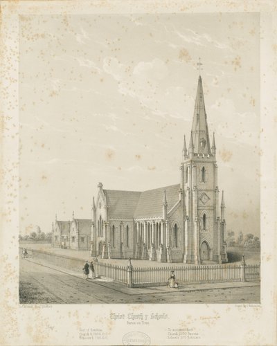 Burton-upon-Trent - Christuskerk en Scholen: gravure door Charles Joseph Hullmandel