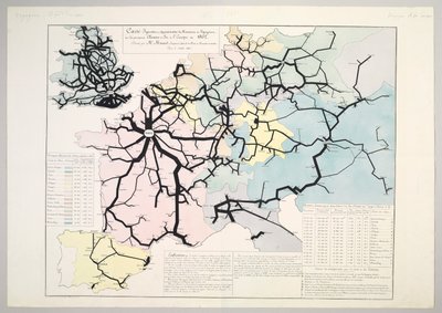 Figuratieve en benaderende kaart van de beweging van reizigers op de belangrijkste spoorwegen van Europa in 1862, 1865 door Charles Joseph Minard