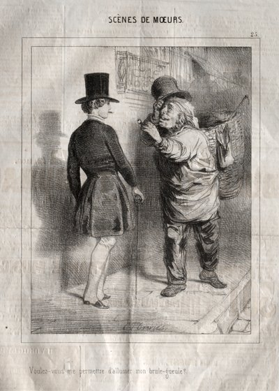 Scènes de Moeurs: Voulez-vous me permettre dallumer mon brule-gueule door Charles Joseph Traviès de Villers