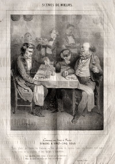 Scènes de moeurs: Comme ou dine à Paris. Diners a vingt-cing sous. Trois plates au choix du traiteur... door Charles Joseph Traviès de Villers