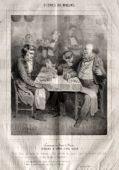 Scènes de moeurs: Comme ou dine à Paris. Diners a vingt-cing sous. Trois plates au choix du traiteur door Charles Joseph Traviès de Villers