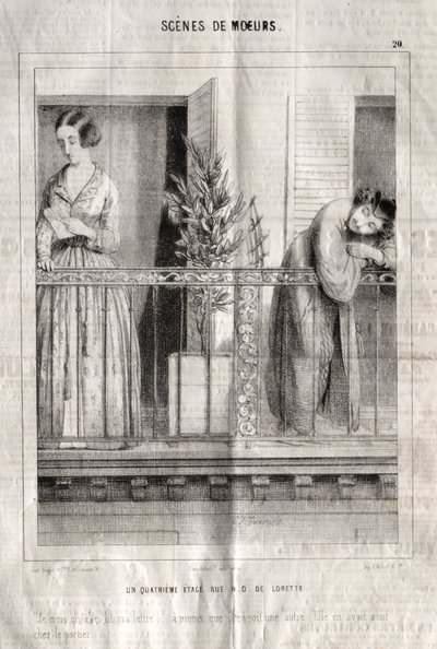 Scènes de moeurs: Een vierde verdieping rue N. D. de Lorette. Ik denk dat ze mijn brief leest... tenzij het een andere is. Ze had er negen bij de portier door Charles Joseph Traviès de Villers