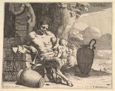 Avond: een zittende sater omhelst zijn kind, een figuur hangt een slinger aan een pier door Charles Le Brun
