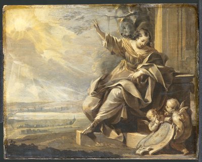 Duits: Zittende vrouwenfiguur met twee Putti en rivierlandschap, Grisaille Allegorische vrouwenfiguur met twee Putti door Charles Le Brun